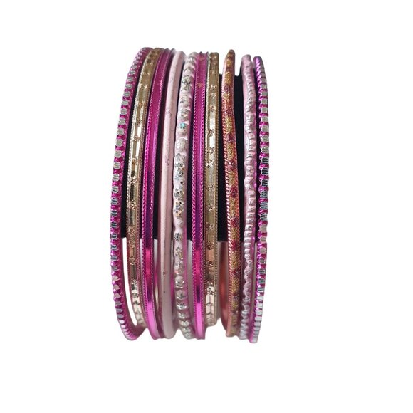 Etched Pink Fuchsia Metal Bangle Bracelets Set of 10 Fashion Costume Barbie Core - Picture 5 of 6